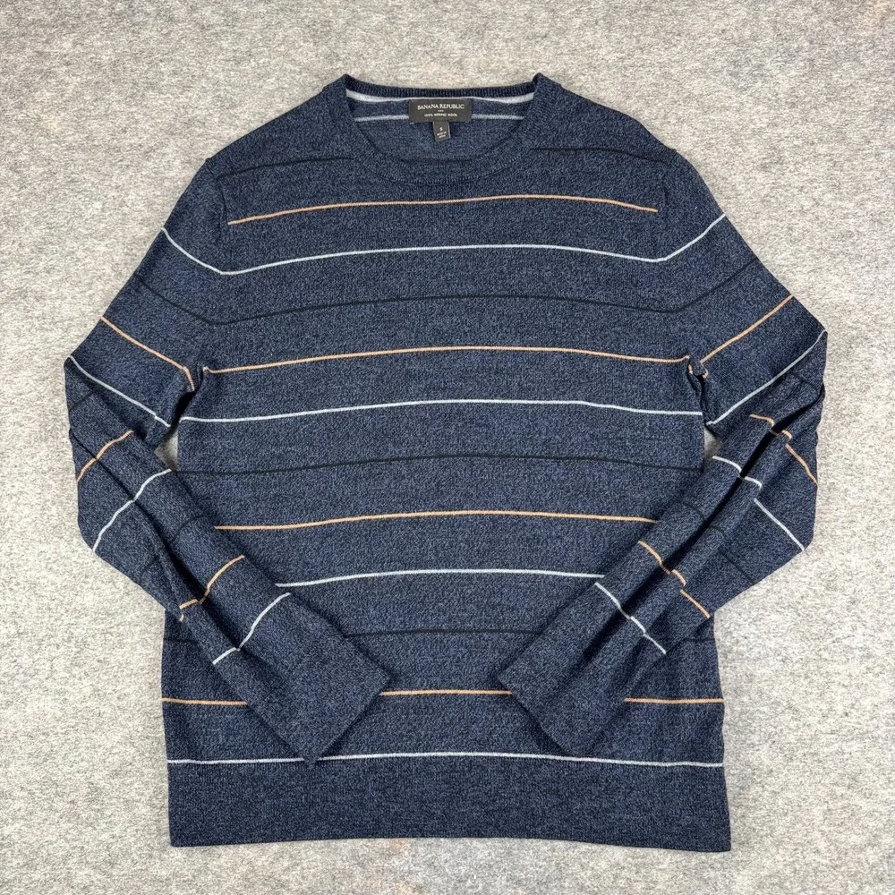 Banana Republic Stripe Washable Merino Wool Sweater Blue Mens Small S
